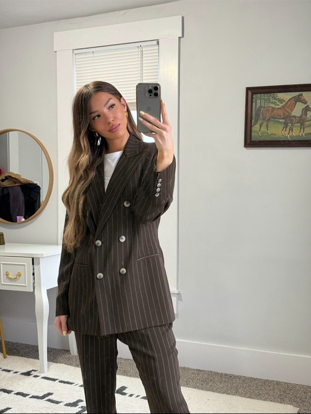 Harvé Benard Brown Pinstripe Skirt with Subtle Cream Stitching